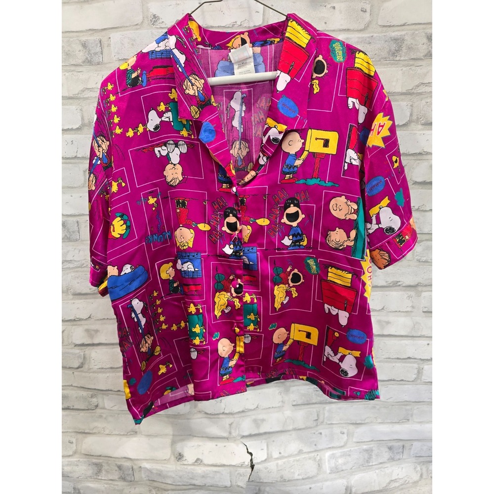 Vintage Peanuts Shirt Womens Adult Medium Purple Satin Snoopy Pajama Ladies Top